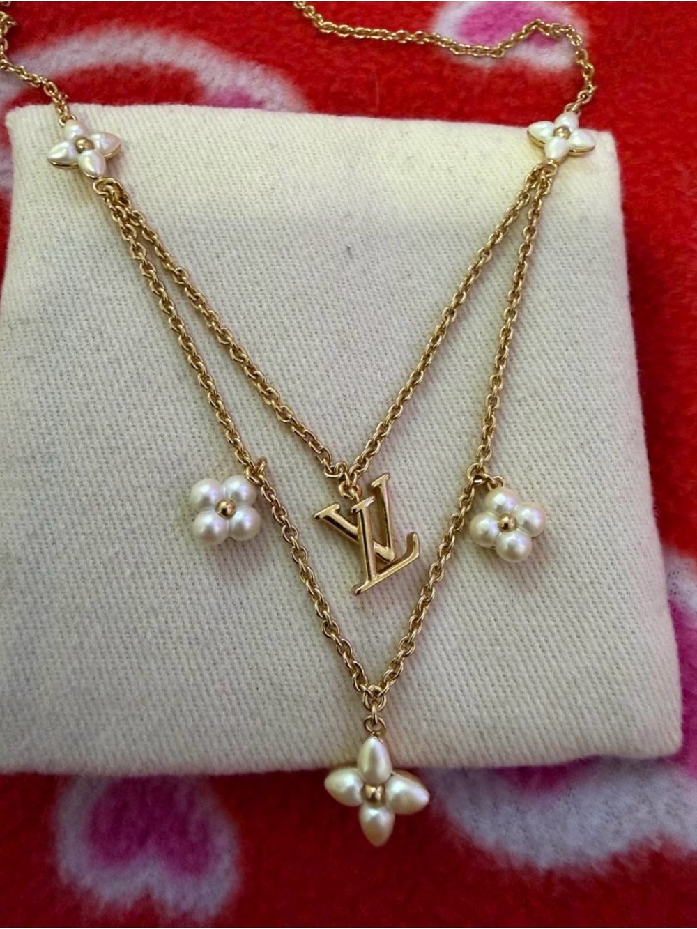 Louis Vuitton Gold and Ivory Pearl Double-Layer LV Pendant Necklace